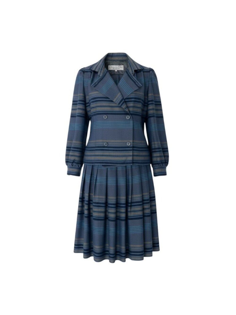 Dior Set Skirt Double Breasted Jacket Pleated Border Pattern Gray
